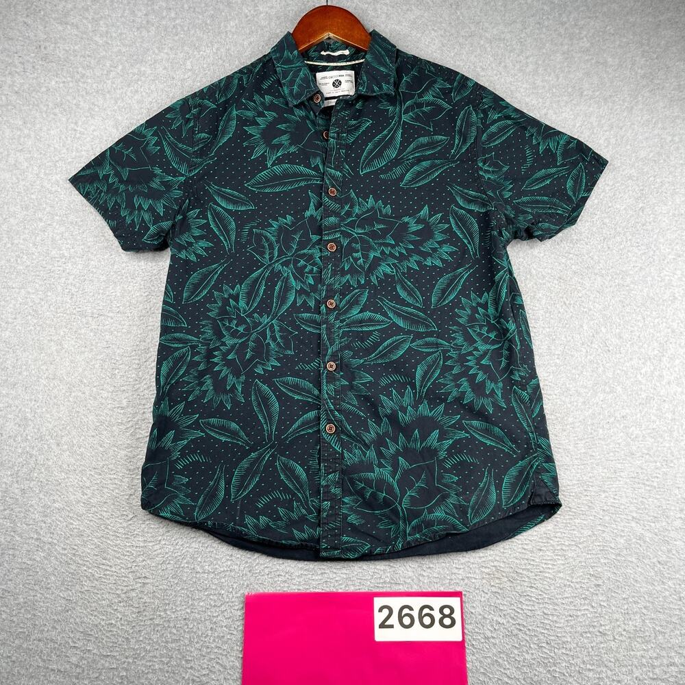 Cactus Man Slim Fit Shirt Medium Navy Tropical Print Button Up Short Sleeve Mens